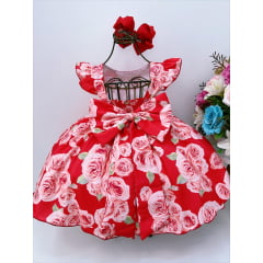 Vestido Infantil Vermelho Rosas C/ Laço Strass Luxo