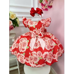 Vestido Infantil Vermelho Rosas C/ Laço Strass Luxo