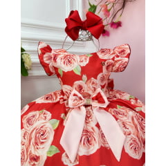 Vestido Infantil Vermelho Rosas C/ Laço Strass Luxo