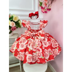 Vestido Infantil Vermelho Rosas C/ Laço Strass Luxo