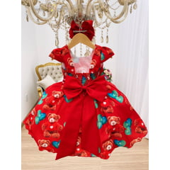 Vestido Infantil Vermelho Ursinho e Corações Festas Luxo