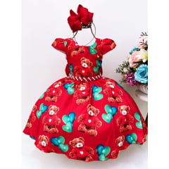 Vestido Infantil Vermelho Ursinho e Corações Festas Luxo