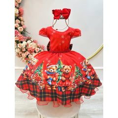 Vestido Infantil Vermelho Ursinhos Festas Natal