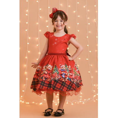 Vestido Infantil Vermelho Ursinhos Festas Natal