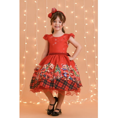 Vestido Infantil Vermelho Ursinhos Festas Natal
