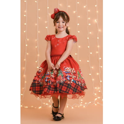 Vestido Infantil Vermelho Ursinhos Festas Natal