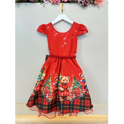 Vestido Infantil Vermelho Ursinhos Festas Natal