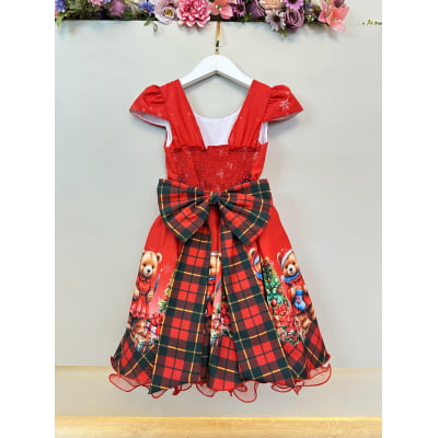 Vestido Infantil Vermelho Ursinhos Festas Natal