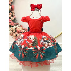 Vestido Infantil Vermelho Ursinhos Neve Festas Natal