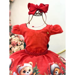 Vestido Infantil Vermelho Ursinhos Neve Festas Natal