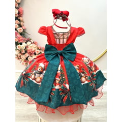 Vestido Infantil Vermelho Ursinhos Neve Festas Natal