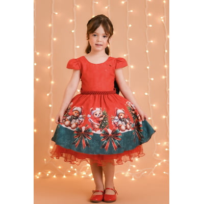 Vestido Infantil Vermelho Ursinhos Neve Festas Natal