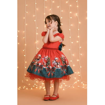 Vestido Infantil Vermelho Ursinhos Neve Festas Natal