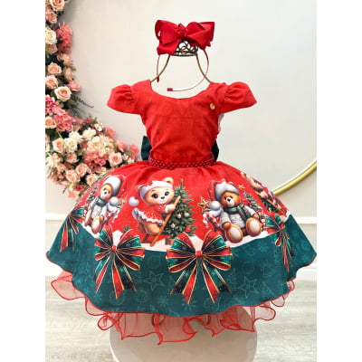 Vestido Infantil Vermelho Ursinhos Neve Festas Natal