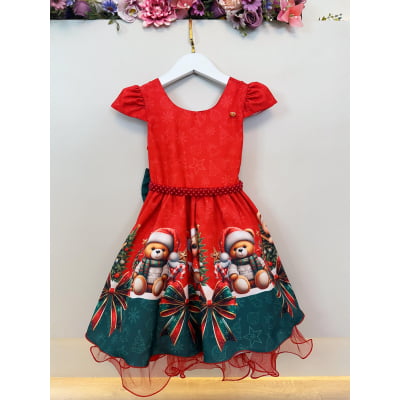 Vestido Infantil Vermelho Ursinhos Neve Festas Natal