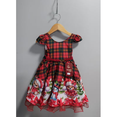 Vestido Infantil Vermelho Xadrez Ursinhos Festas Natal Luxo