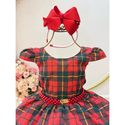 Vestido Infantil Vermelho Xadrez Ursinhos Festas Natal Luxo