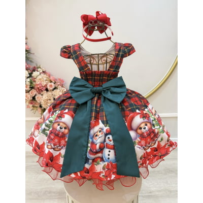 Vestido Infantil Vermelho Xadrez Ursinhos Festas Natal Luxo