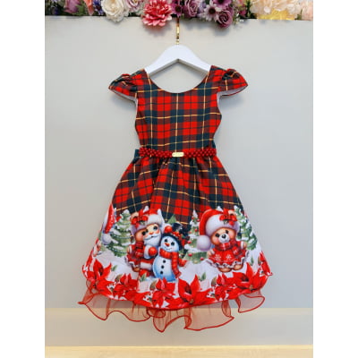 Vestido Infantil Vermelho Xadrez Ursinhos Festas Natal Luxo