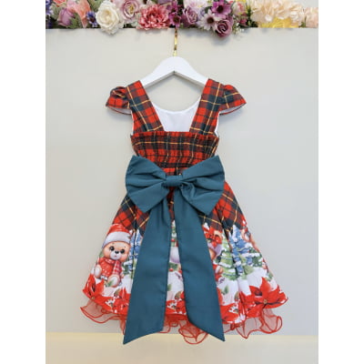 Vestido Infantil Vermelho Xadrez Ursinhos Festas Natal Luxo