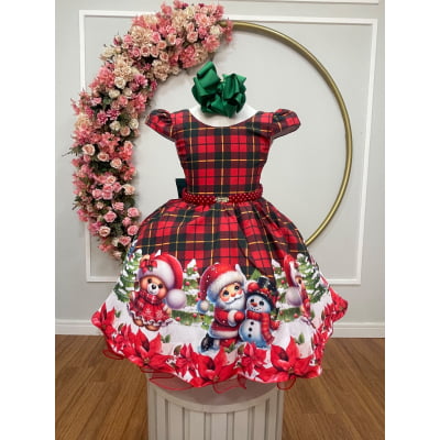 Vestido Infantil Vermelho Xadrez Ursinhos Festas Natal Luxo