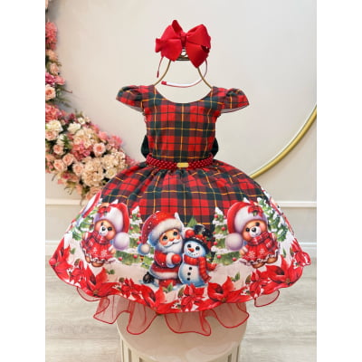Vestido Infantil Vermelho Xadrez Ursinhos Festas Natal Luxo