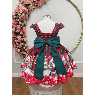 Vestido Infantil Vermelho Xadrez Ursinhos Festas Natal Luxo