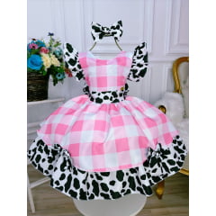 Vestido Infantil Xadrez Branco Rosa Fazendinha Vaquinha Laço