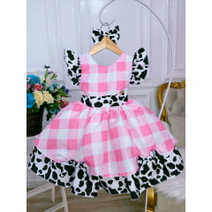 Vestido Infantil Xadrez Branco Rosa Fazendinha Vaquinha Laço