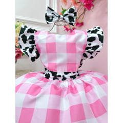 Vestido Infantil Xadrez Branco Rosa Fazendinha Vaquinha Laço