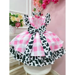 Vestido Infantil Xadrez Branco Rosa Fazendinha Vaquinha Laço