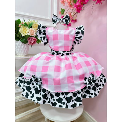 Vestido Infantil Xadrez Branco Rosa Fazendinha Vaquinha Laço