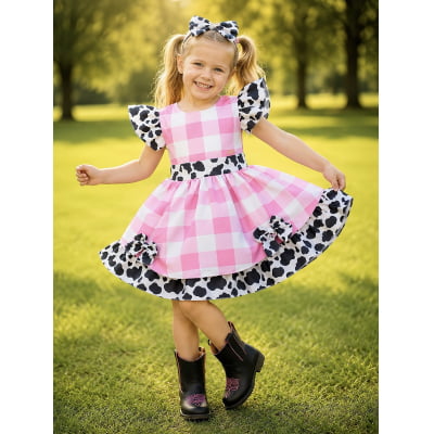 Vestido Infantil Xadrez Branco Rosa Fazendinha Vaquinha Laço