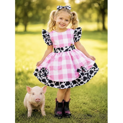 Vestido Infantil Xadrez Branco Rosa Fazendinha Vaquinha Laço