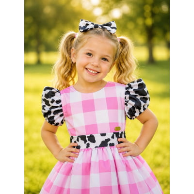 Vestido Infantil Xadrez Branco Rosa Fazendinha Vaquinha Laço