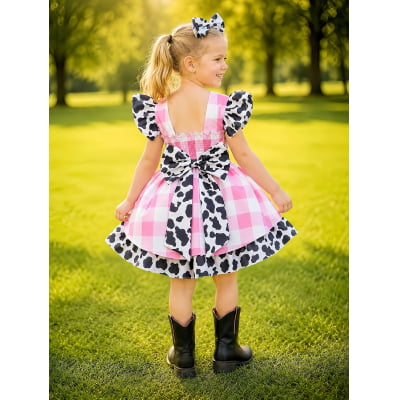 Vestido Infantil Xadrez Branco Rosa Fazendinha Vaquinha Laço