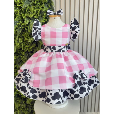 Vestido Infantil Xadrez Branco Rosa Fazendinha Vaquinha Laço