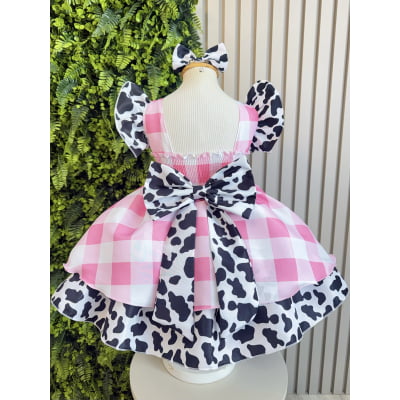 Vestido Infantil Xadrez Branco Rosa Fazendinha Vaquinha Laço