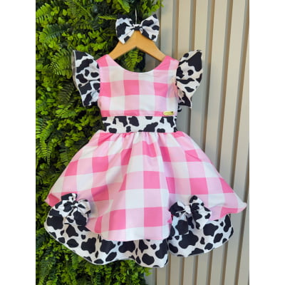 Vestido Infantil Xadrez Branco Rosa Fazendinha Vaquinha Laço