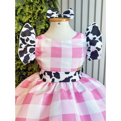 Vestido Infantil Xadrez Branco Rosa Fazendinha Vaquinha Laço