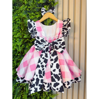 Vestido Infantil Xadrez Branco Rosa Fazendinha Vaquinha Laço