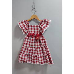 Vestido Infantil Xadrez Marsala e Branco Broche de Lacinhos