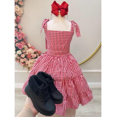 Vestido Infantil Xadrez Primavera Verão Vermelho e Branco