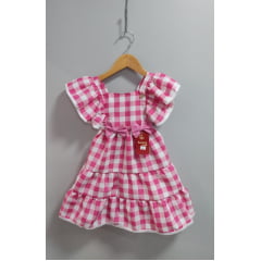 Vestido Infantil Xadrez Rosa e Branco Broche de Lacinhos