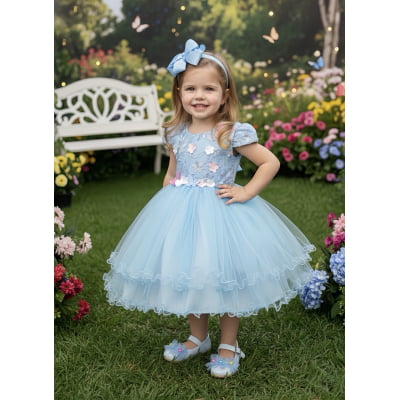 Vestido Infantil Azul Claro Jardim Encantado Renda Daminhas Vestido Infantil Azul Claro Jardim Encantado Renda Daminhas