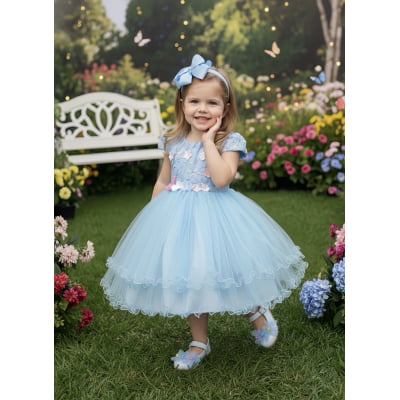 Vestido Infantil Azul Claro Jardim Encantado Renda Daminhas