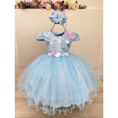 Vestido Infantil Azul Claro Jardim Encantado Renda Daminhas
