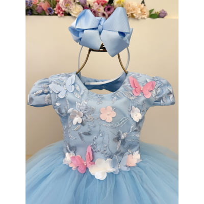 Vestido Infantil Azul Claro Jardim Encantado Renda Daminhas