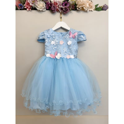 Vestido Infantil Azul Claro Jardim Encantado Renda Daminhas