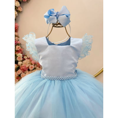 Vestido Infantil Azul Strass e Cinto de Pérolas
